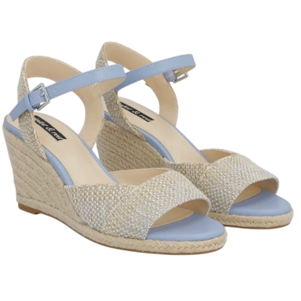 Violet & Red Womens Micah Wedge Sandals Size 8.5 Wide Blue Tan Woven NWOB